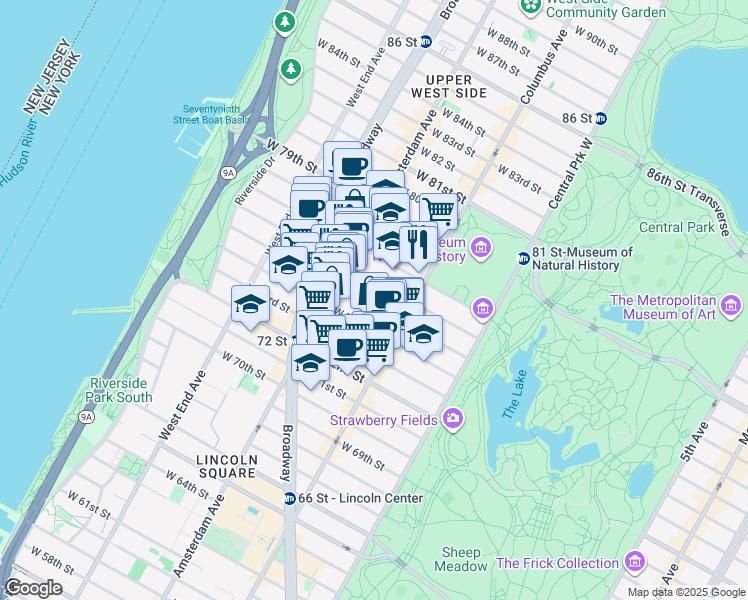map of restaurants, bars, coffee shops, grocery stores, and more near 141 West 77th Street in New York