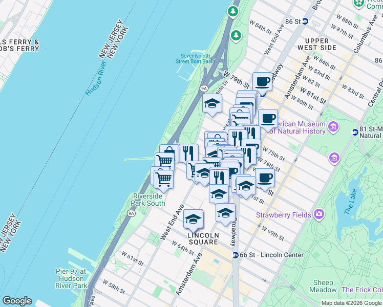 map of restaurants, bars, coffee shops, grocery stores, and more near in New York