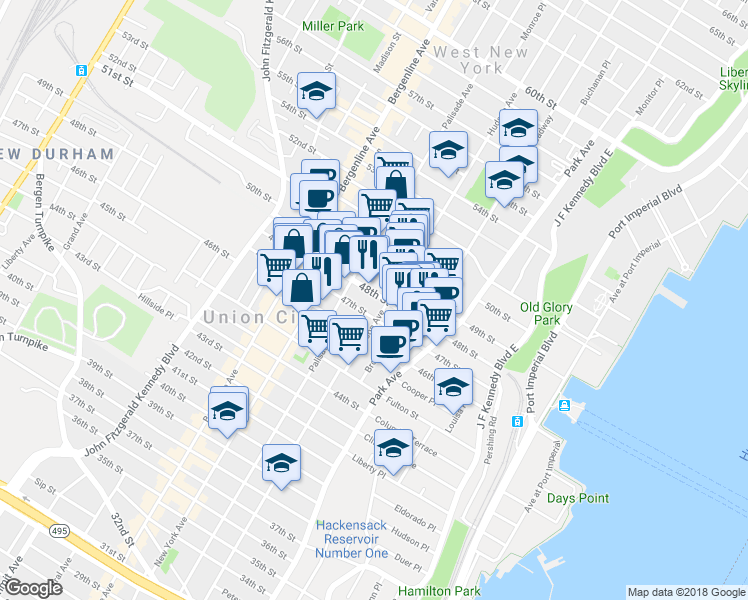 map of restaurants, bars, coffee shops, grocery stores, and more near 218 48th Street in Union City