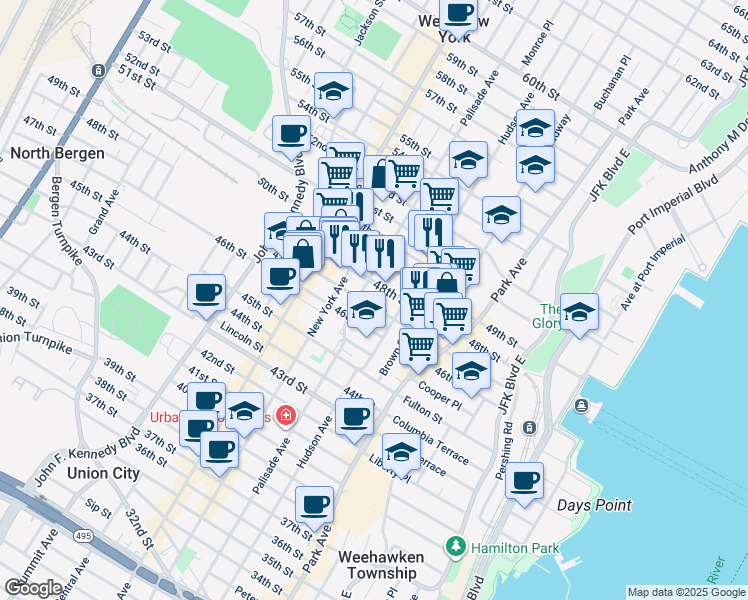 map of restaurants, bars, coffee shops, grocery stores, and more near 218 48th Street in Union City