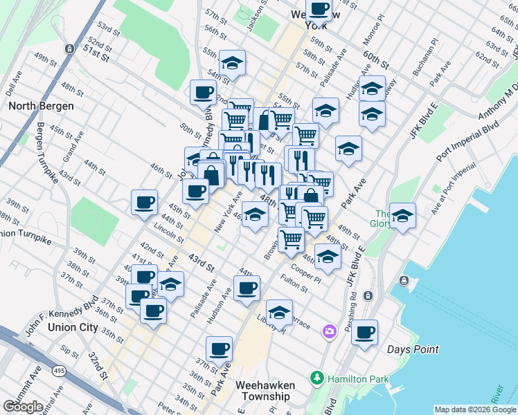 map of restaurants, bars, coffee shops, grocery stores, and more near 218 48th Street in Union City