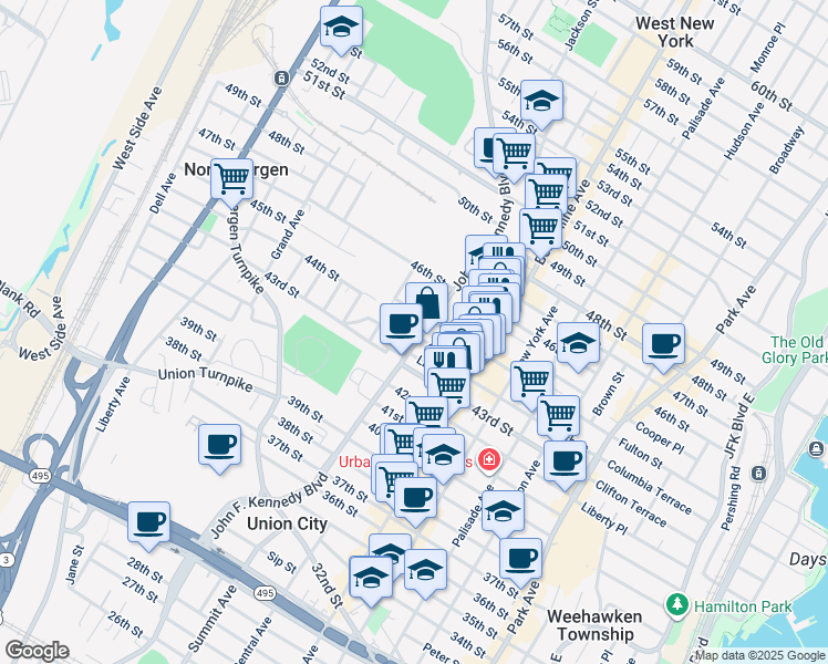 map of restaurants, bars, coffee shops, grocery stores, and more near 4306 Bergenwood Avenue in North Bergen