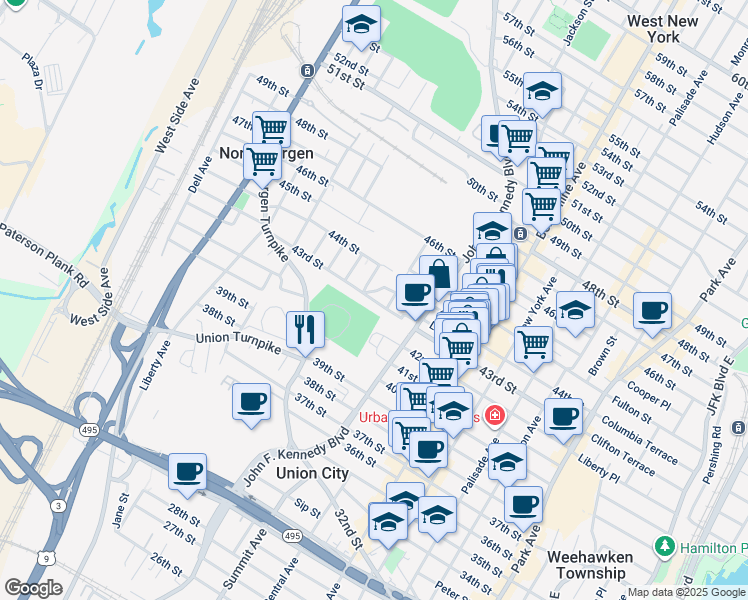map of restaurants, bars, coffee shops, grocery stores, and more near 1215 43rd Street in North Bergen