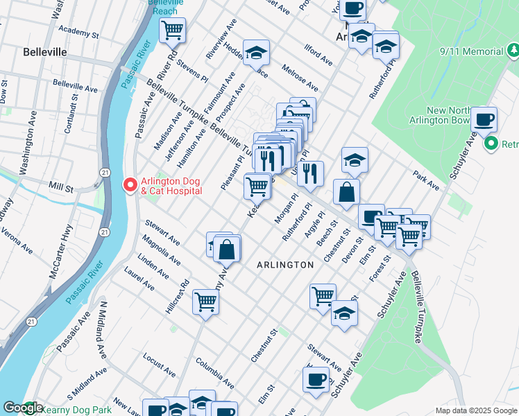 map of restaurants, bars, coffee shops, grocery stores, and more near 822 Kearny Avenue in Kearny