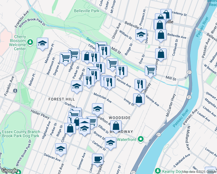 map of restaurants, bars, coffee shops, grocery stores, and more near 417 Woodside Avenue in Newark