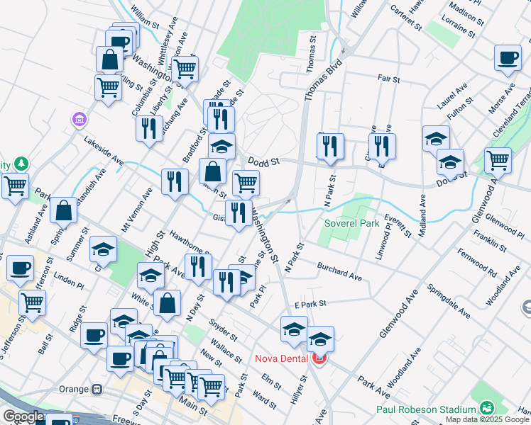 map of restaurants, bars, coffee shops, grocery stores, and more near 307 Washington Street in City of Orange