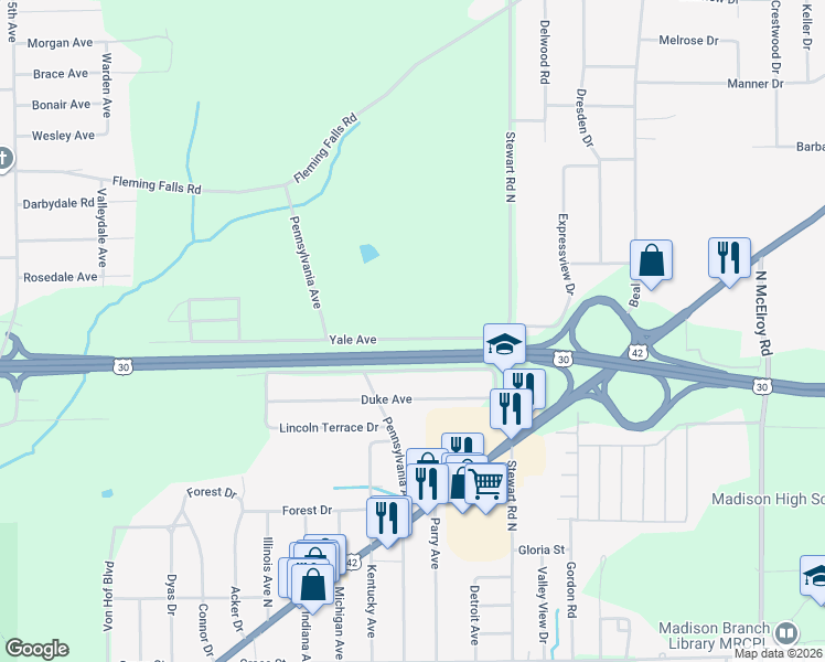 map of restaurants, bars, coffee shops, grocery stores, and more near 963 Yale Avenue in Mansfield