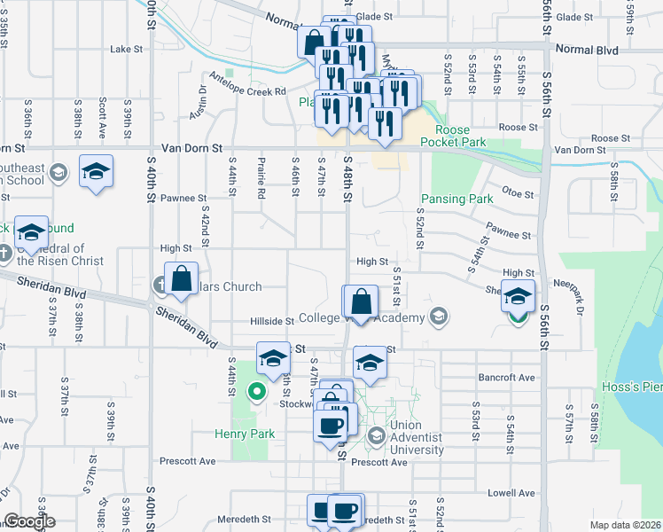 map of restaurants, bars, coffee shops, grocery stores, and more near 3205 South 48th Street in Lincoln