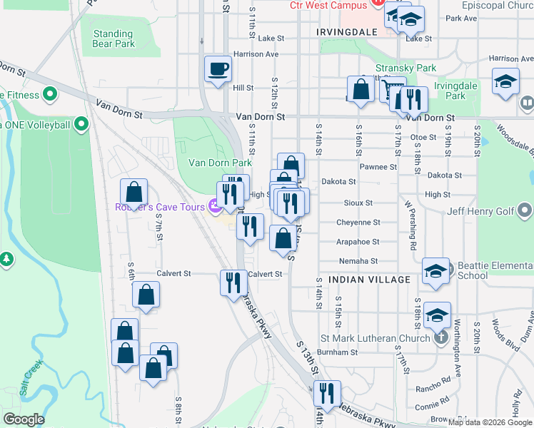 map of restaurants, bars, coffee shops, grocery stores, and more near 3221 South 12th Street in Lincoln
