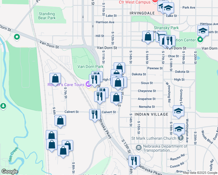 map of restaurants, bars, coffee shops, grocery stores, and more near 3221 South 12th Street in Lincoln