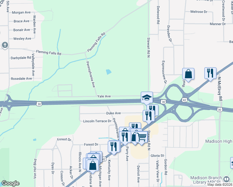map of restaurants, bars, coffee shops, grocery stores, and more near 963 Yale Avenue in Mansfield