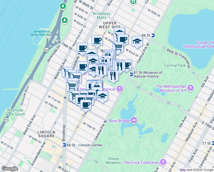 map of restaurants, bars, coffee shops, grocery stores, and more near 44 West 77th Street in New York