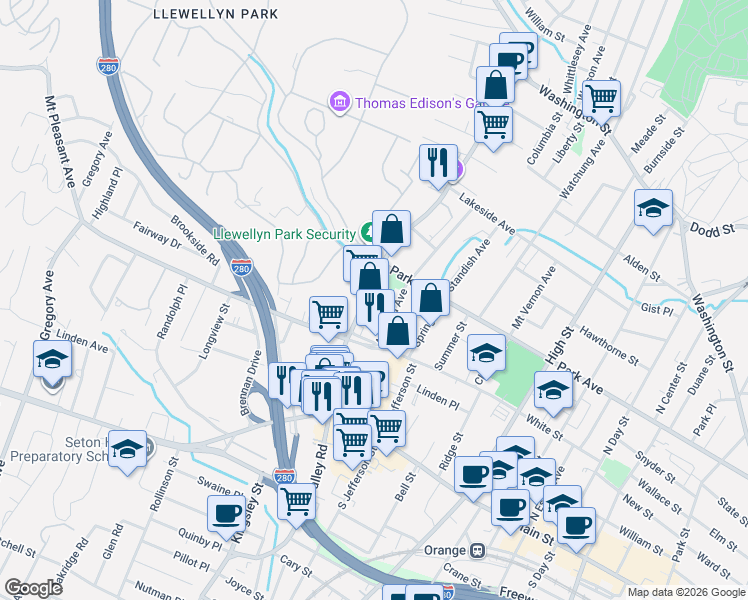 map of restaurants, bars, coffee shops, grocery stores, and more near 2 Llewellyn Place in West Orange