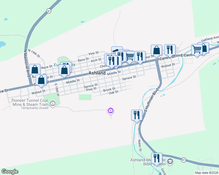 map of restaurants, bars, coffee shops, grocery stores, and more near 1020 Spruce Street in Ashland