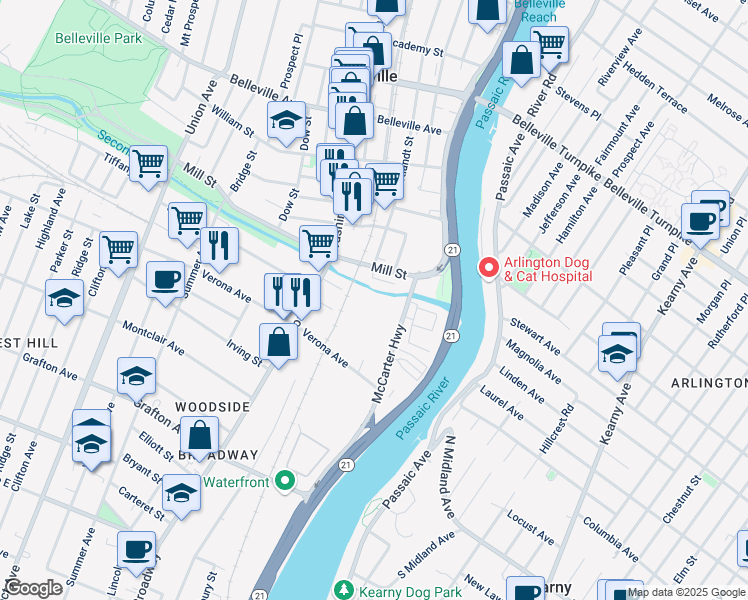 map of restaurants, bars, coffee shops, grocery stores, and more near 2145-2147 McCarter Highway in Newark