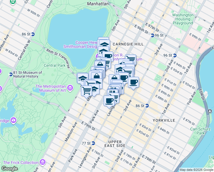 map of restaurants, bars, coffee shops, grocery stores, and more near 1040 Park Avenue in New York