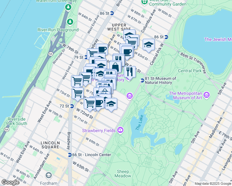 map of restaurants, bars, coffee shops, grocery stores, and more near 44 West 77th Street in New York