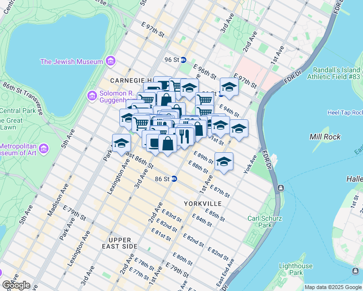 map of restaurants, bars, coffee shops, grocery stores, and more near East 89th Street in New York