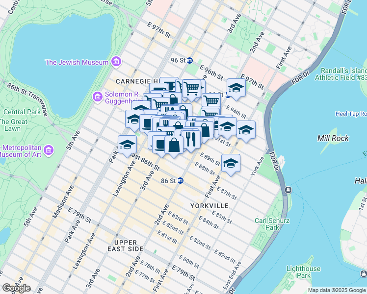 map of restaurants, bars, coffee shops, grocery stores, and more near 252 East 89th Street in New York