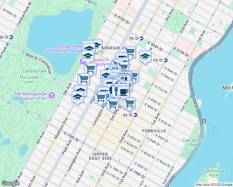 map of restaurants, bars, coffee shops, grocery stores, and more near 165 East 87th Street in New York