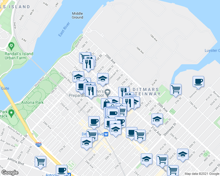map of restaurants, bars, coffee shops, grocery stores, and more near 21st Avenue & 26th Street in Queens