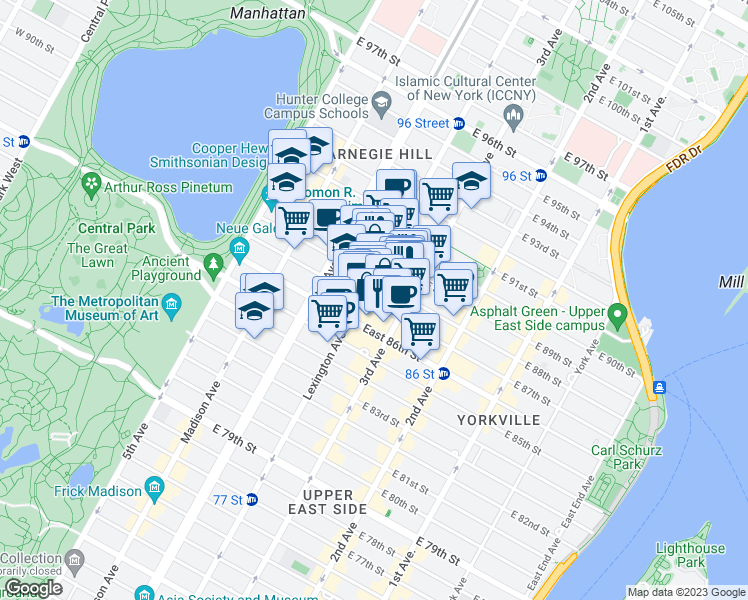 map of restaurants, bars, coffee shops, grocery stores, and more near 163 East 87th Street in New York