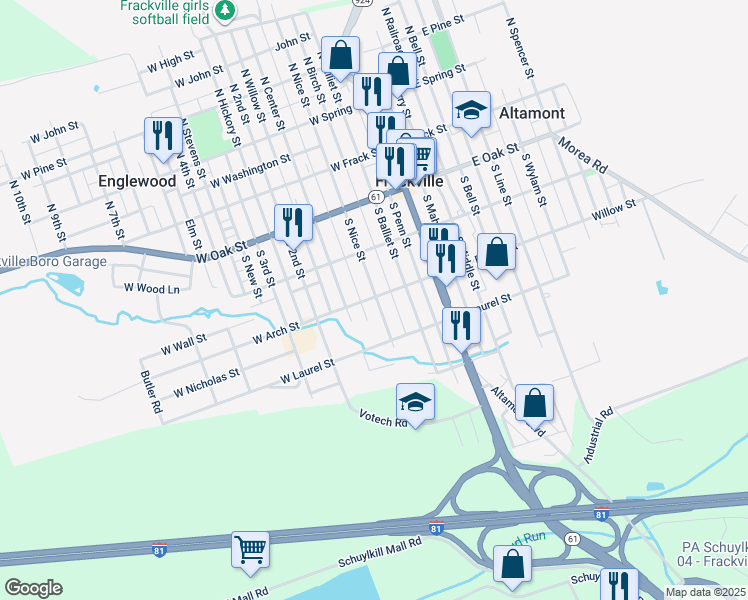 map of restaurants, bars, coffee shops, grocery stores, and more near 302 South Nice Street in Frackville