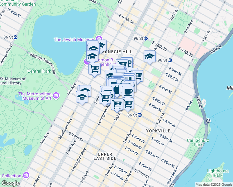 map of restaurants, bars, coffee shops, grocery stores, and more near 149 East 87th Street in New York