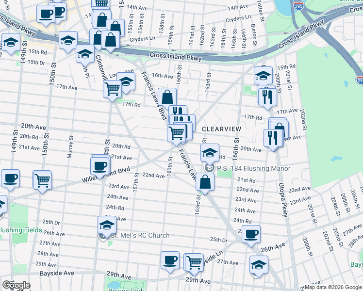 map of restaurants, bars, coffee shops, grocery stores, and more near 20-5 Francis Lewis Blvd in Queens