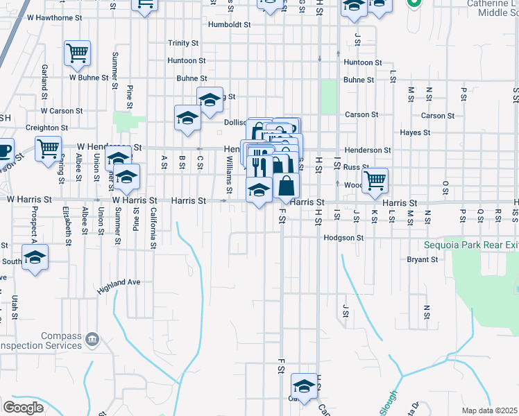 map of restaurants, bars, coffee shops, grocery stores, and more near 309 Harris Street in Eureka