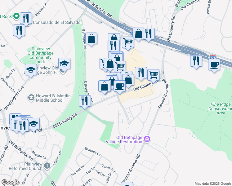 map of restaurants, bars, coffee shops, grocery stores, and more near 248 Newtown Road in Plainview