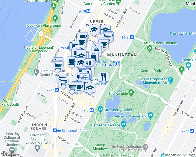 map of restaurants, bars, coffee shops, grocery stores, and more near 55 West 77th Street in New York