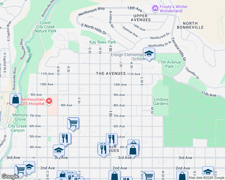 map of restaurants, bars, coffee shops, grocery stores, and more near 606 10th Avenue in Salt Lake City