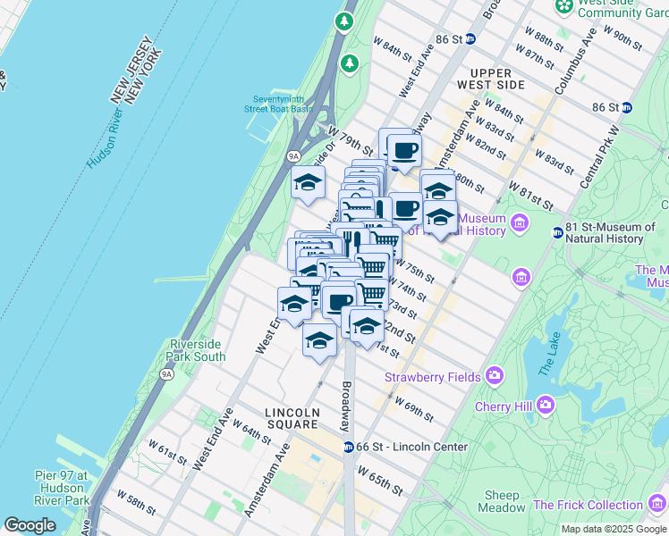map of restaurants, bars, coffee shops, grocery stores, and more near 253 West 73rd Street in New York