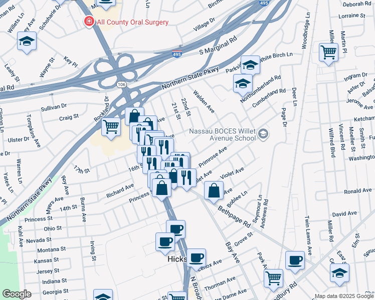 map of restaurants, bars, coffee shops, grocery stores, and more near 5 Lilac Lane in Hicksville