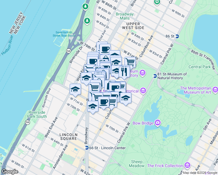 map of restaurants, bars, coffee shops, grocery stores, and more near 141 West 77th Street in New York