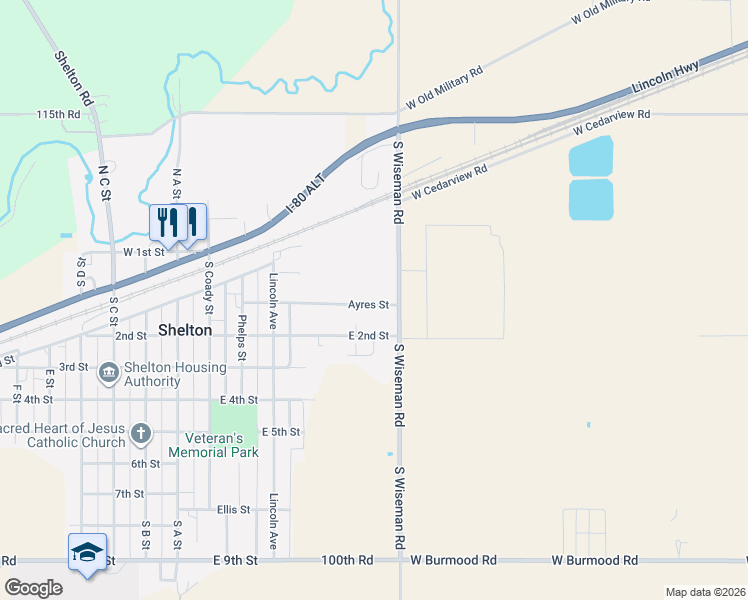 map of restaurants, bars, coffee shops, grocery stores, and more near 511-599 Ayres Street in Shelton