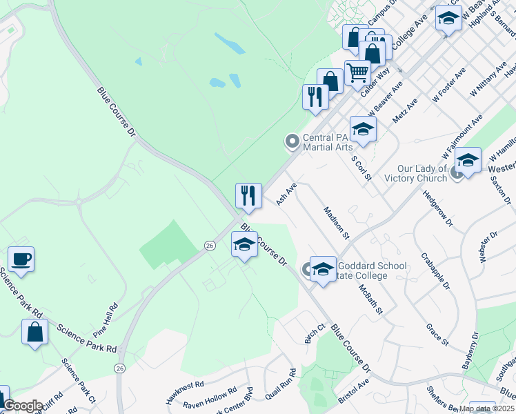 map of restaurants, bars, coffee shops, grocery stores, and more near 106 Owens Drive in State College