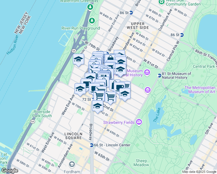 map of restaurants, bars, coffee shops, grocery stores, and more near 158 West 75th Street in New York