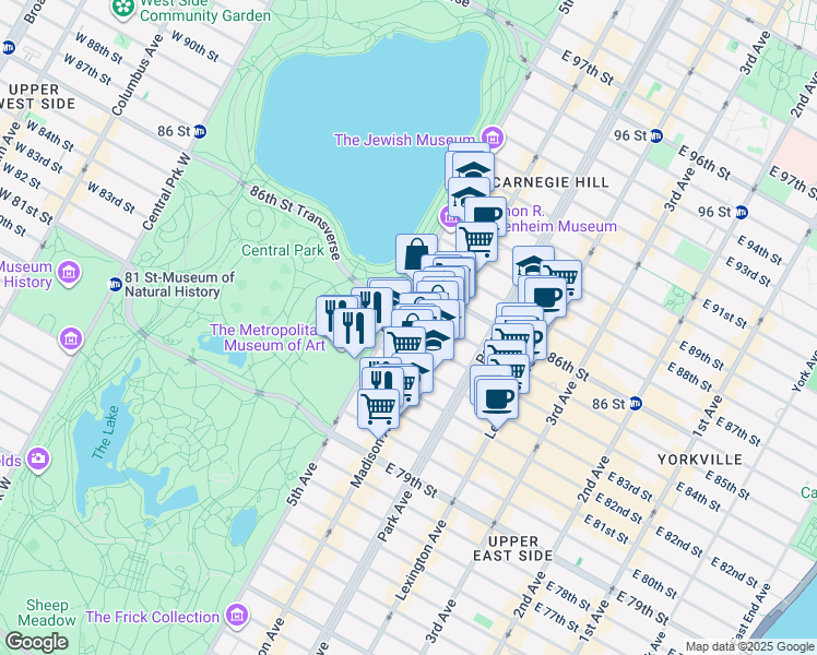 map of restaurants, bars, coffee shops, grocery stores, and more near 1035 Museum Mile in New York