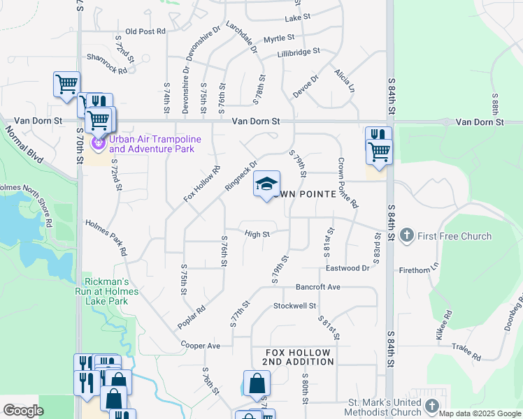 map of restaurants, bars, coffee shops, grocery stores, and more near 7800 High Street in Lincoln