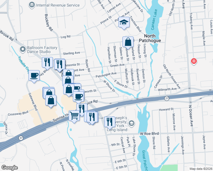 map of restaurants, bars, coffee shops, grocery stores, and more near 24 Kent Street in Patchogue