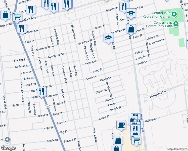 map of restaurants, bars, coffee shops, grocery stores, and more near 26 Irving Street in Central Islip
