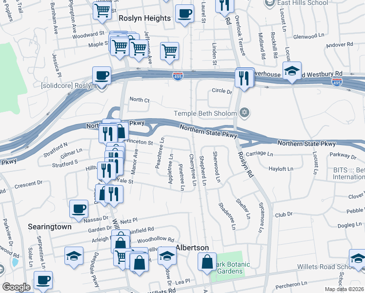 map of restaurants, bars, coffee shops, grocery stores, and more near 34 Peachtree Lane in Roslyn Heights