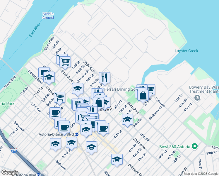 map of restaurants, bars, coffee shops, grocery stores, and more near 29-10 20th Avenue in Queens