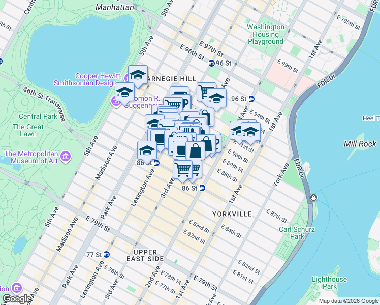 map of restaurants, bars, coffee shops, grocery stores, and more near 209 East 88th Street in New York