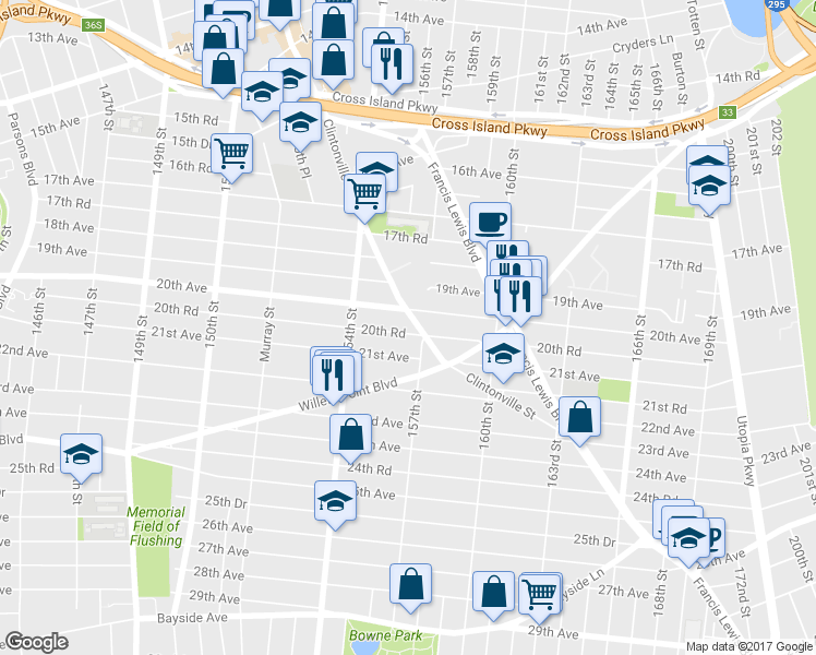 map of restaurants, bars, coffee shops, grocery stores, and more near 154-57 20th Road in Queens