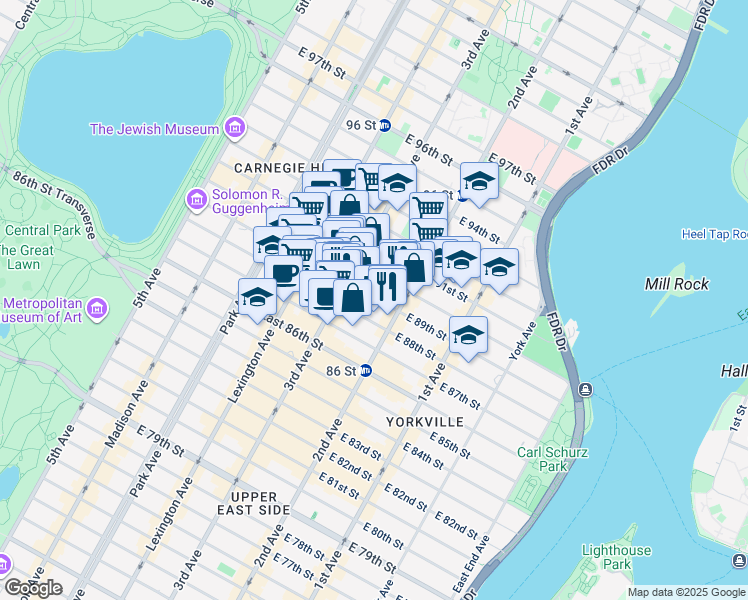 map of restaurants, bars, coffee shops, grocery stores, and more near 230 East 89th Street in New York