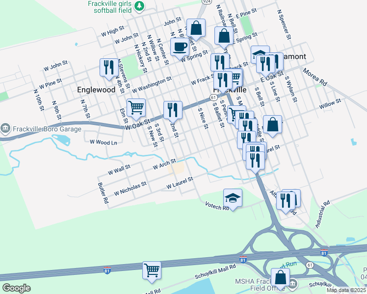 map of restaurants, bars, coffee shops, grocery stores, and more near 241 South 2nd Street in Frackville