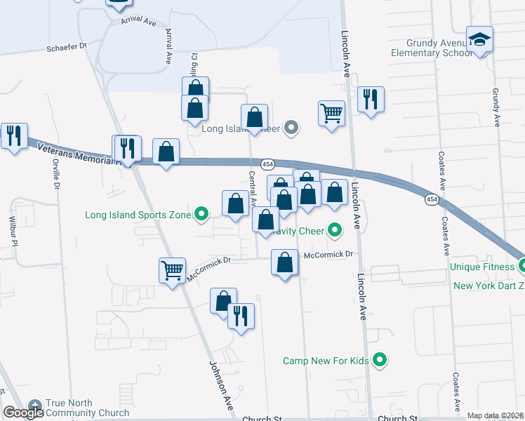 map of restaurants, bars, coffee shops, grocery stores, and more near 385 Central Avenue in Bohemia